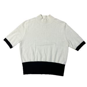 LilySilk Sweater 100% CASHMERE White Black Turtleneck Top Short Sleeve Womens M